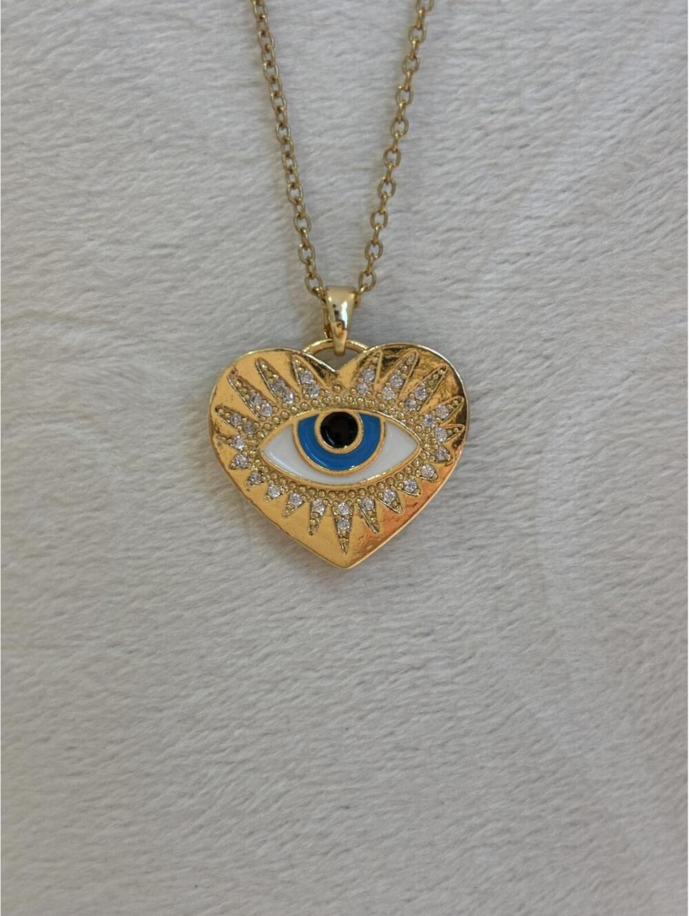 Gold Tone Heart Pendant Necklace with Blue Eye Design